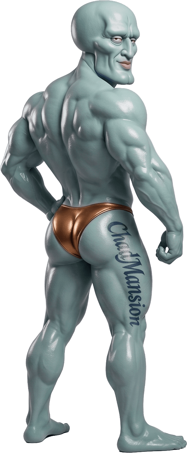 Chad Mansion posing from behind in bronze briefs, glancing over his shoulder with a ChadMansion tattoo on his thigh