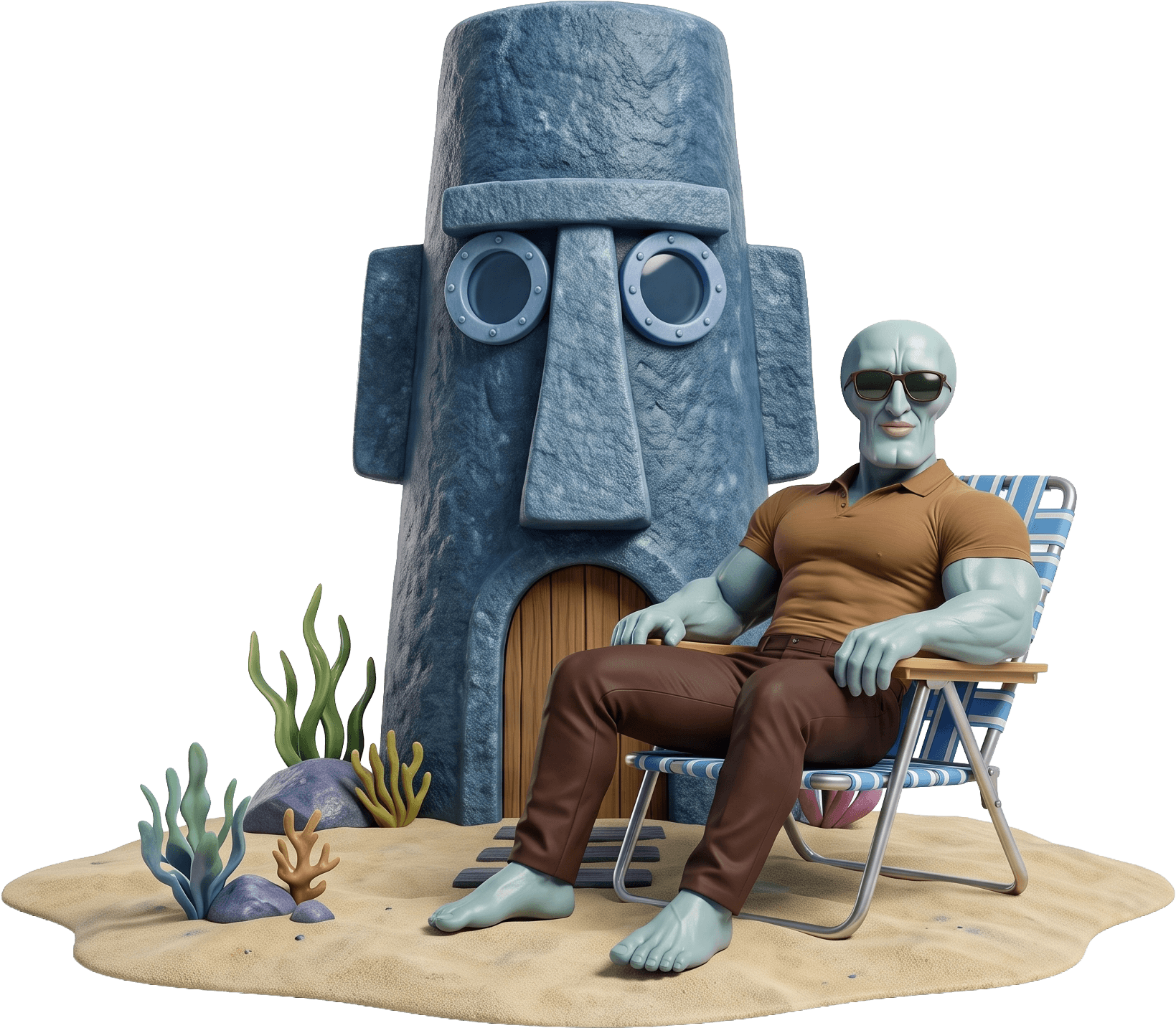 Chad Mansion relaxing in a beach chair with sunglasses beside a stone head-shaped house on the sand