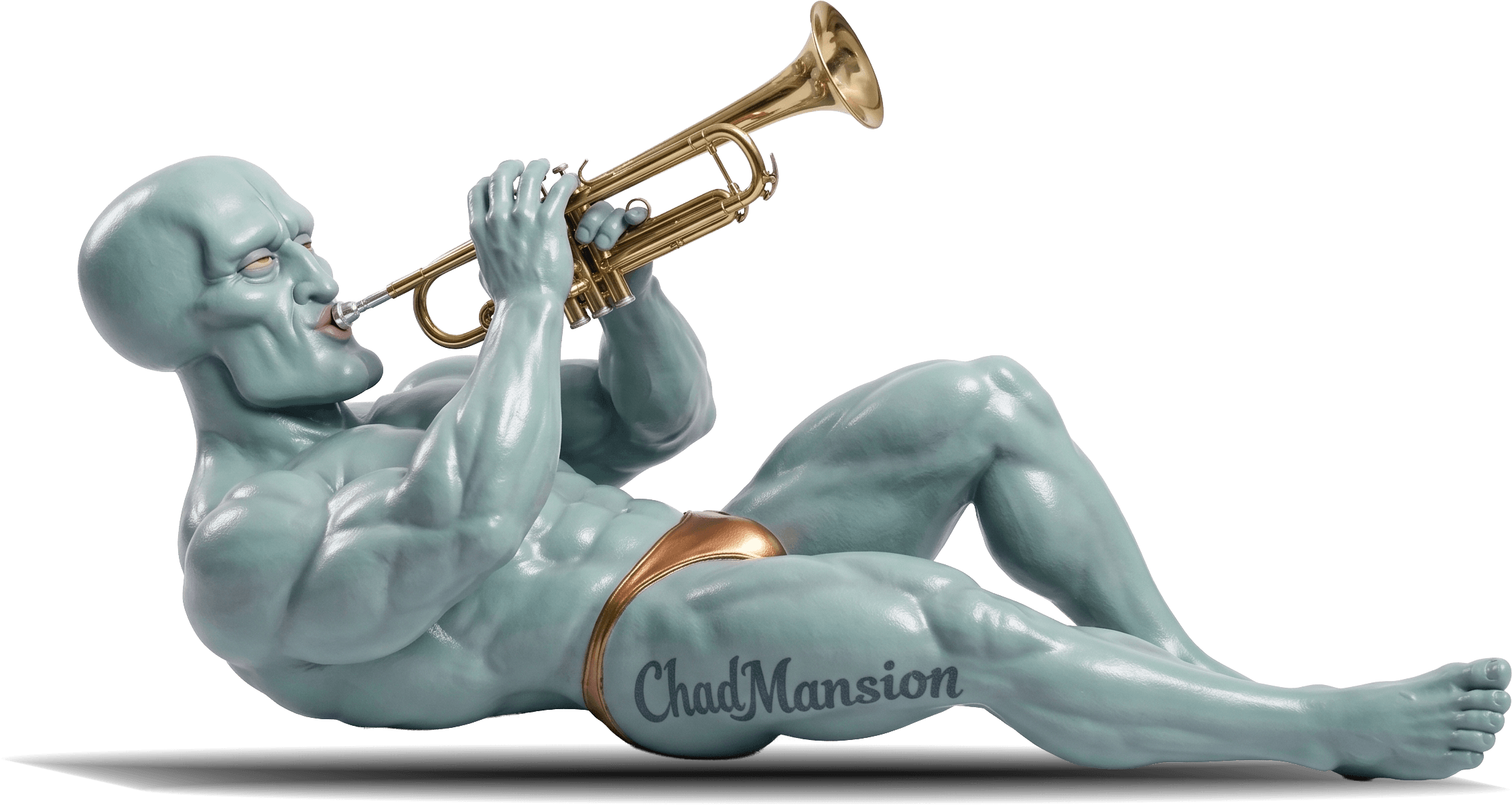 Chad Mansion reclining and playing a golden trumpet with total dedication