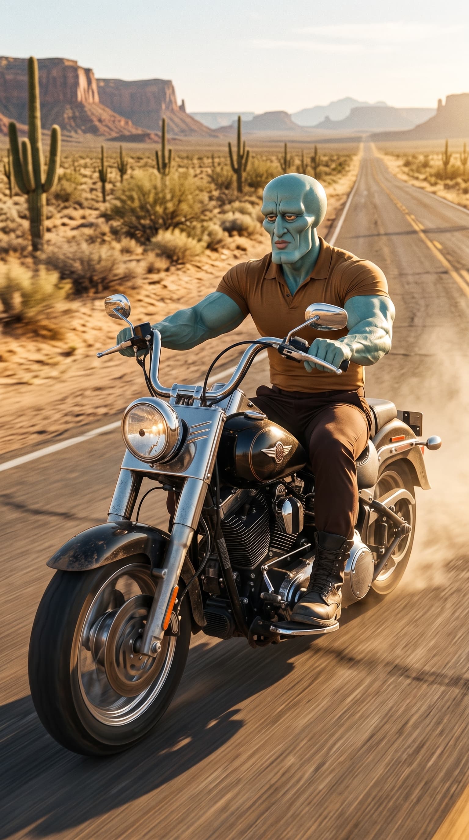 Handsome Squidward pilotando uma Harley numa estrada no deserto