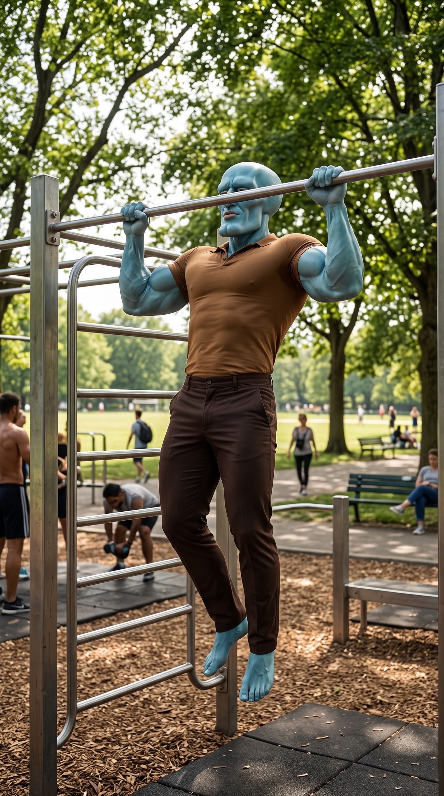 Handsome Squidward fazendo barra fixa num parque